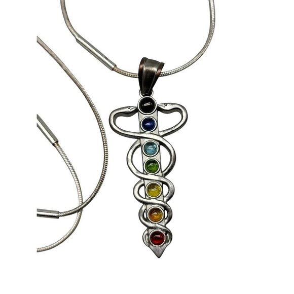 Chakra Healing Caduceus Pendant Necklace Faux Gemstones 35" Chain Silver Tone - Picture 16 of 16